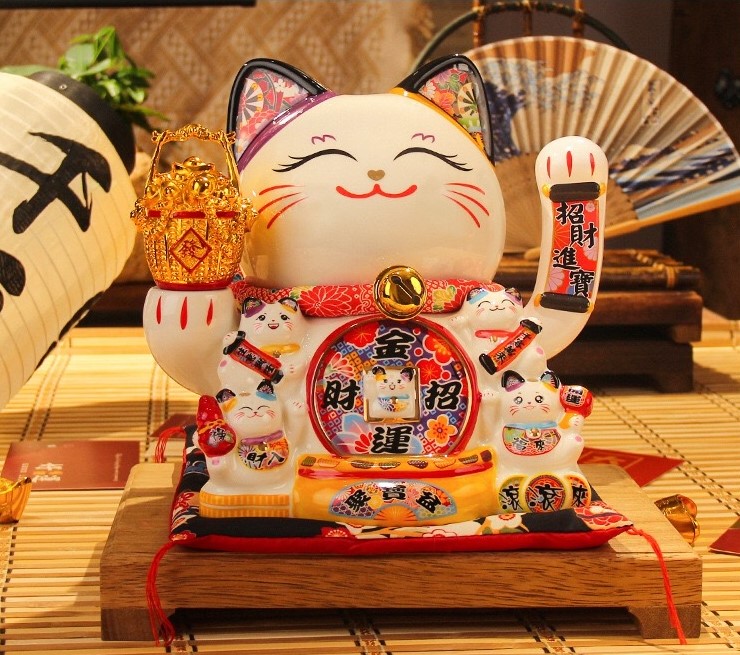 Mèo Thần Tài Vẫy Tay Chiêu Tài An Vận Giỏ Vàng Koban 27cm